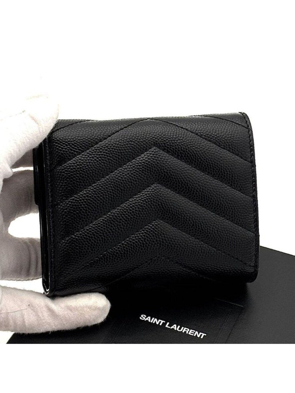 Saint Laurent Wallet Stitch Caviar Leather YSL Black - Picture 2 of 11